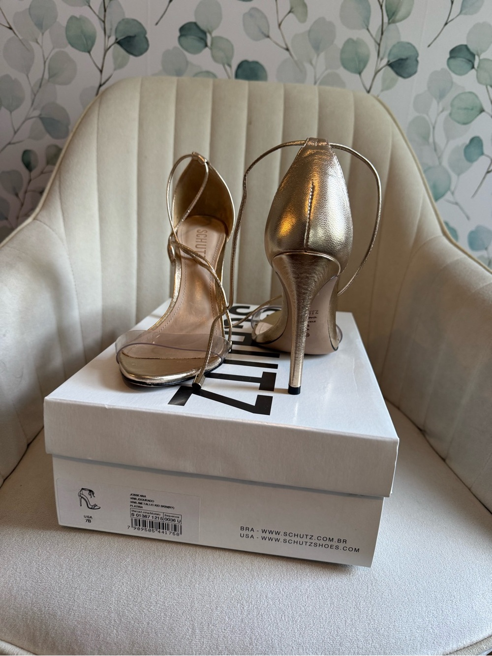 SCHUTZ Gold Metallic Strappy Stiletto Sandals